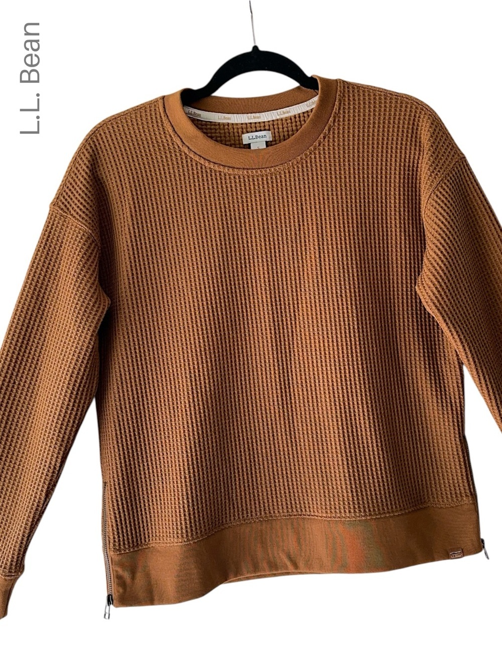 LL BEAN NWOT BIRCHWOOD BRUSHED WAFFLE WEAVE TOP CREWNECK SIDE ZIPPERS | SMALL